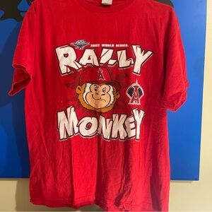 Delta Red Short Sleeve Tee with Playful Monkey Graphic